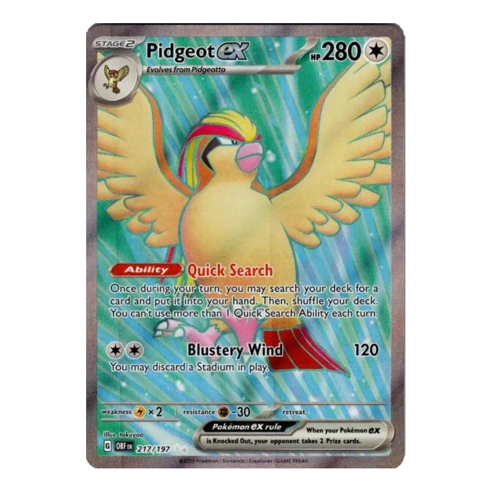 A single Pokémon trading card featuring Pidgeot EX, shown against a plain white background. The card has a blue-green watercolor-style illustration of Pidgeot with yellow wings and multicolored head details, plus game text and stats printed on the front.