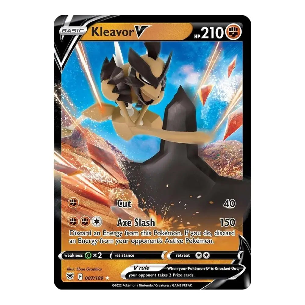 A single Pokémon trading card for Kleavor V, shown against a plain white background. The card features artwork of Kleavor leaping forward over a dark ridge, with a blue sky and orange ground in the scene.