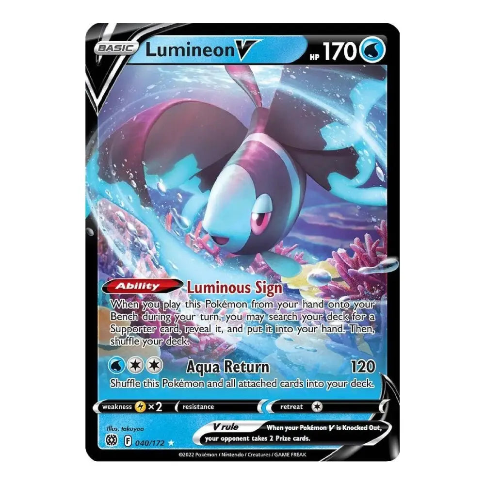 A single Pokémon trading card for Lumione V, shown upright against a plain white background. The card features artwork of the blue-purple Lumione swimming underwater, with black border framing and game text including 'Luminous Sign' and 'Aqua Return'.