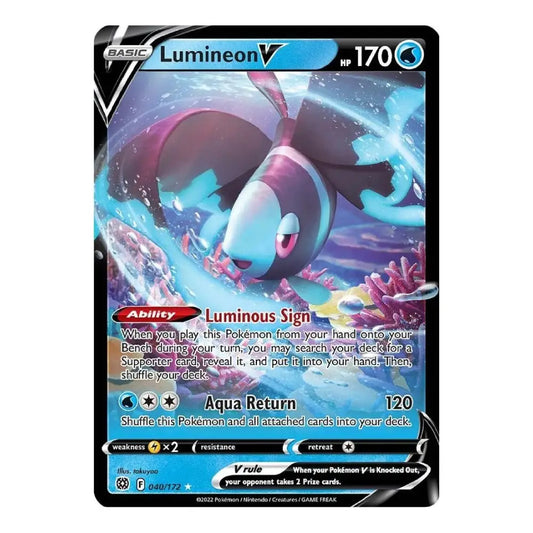 A single Pokémon trading card for Lumione V, shown upright against a plain white background. The card features artwork of the blue-purple Lumione swimming underwater, with black border framing and game text including 'Luminous Sign' and 'Aqua Return'.