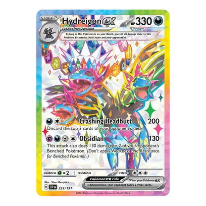 A holographic Pokémon GX trading card featuring the EX Hydreigon. The card has a vibrant rainbow border and displays detailed artwork of the multi-colored creature, with text including 'Crashing Headbutt 200' and 'Obsidian 130'.