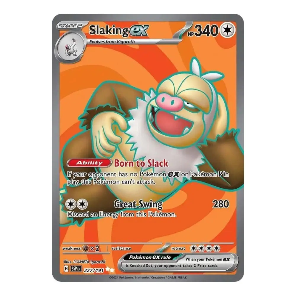 A single Pokémon trading card featuring Slaking EX, shown against a plain white background. The card has an orange and orange-yellow illustrated design with a gray border and character artwork of a large sloth-like Pokémon.