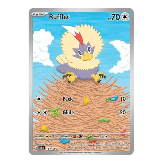 A Pokémon trading card featuring Rufflet from the Basic set, with a silver border and illustrated artwork of the bird perched on a nest against a blue sky with clouds.