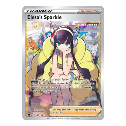 A single Pokémon trading card for Elesa's Sparkle from the Fusion Strike expansion, featuring anime artwork of Elesa with headphones and a glowing yellow aura, on a silver card border.