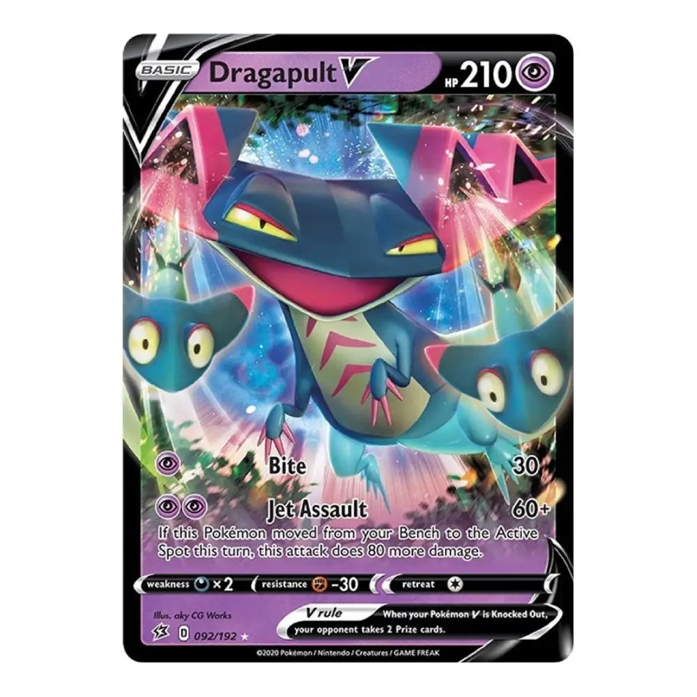 Dragapult V Pokémon trading card featuring a blue dragon-like Pokémon with two Dreepy on its head, 210 HP, Psychic type, and colorful holographic artwork with attacks Bite and Jet Assault.