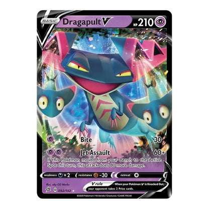 Dragapult V Pokémon trading card featuring a blue dragon-like Pokémon with two Dreepy on its head, 210 HP, Psychic type, and colorful holographic artwork with attacks Bite and Jet Assault.