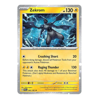 A single Pokémon trading card for Zekrom from the Basic set, shown against a plain white background. The card features a yellow border, blue lightning artwork, and black text, with Pokémon branding and card details visible.
