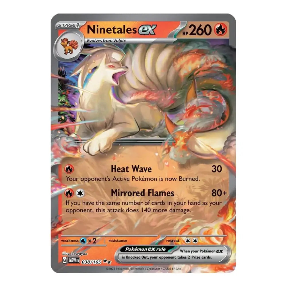 A single Pokémon trading card featuring Ninetales EX from theGX Series 15. The card has a gray border, an orange header, and detailed artwork of the white fox-like Pokémon surrounded by flames, with attack text including Heat Wave and Mirrored Flames.