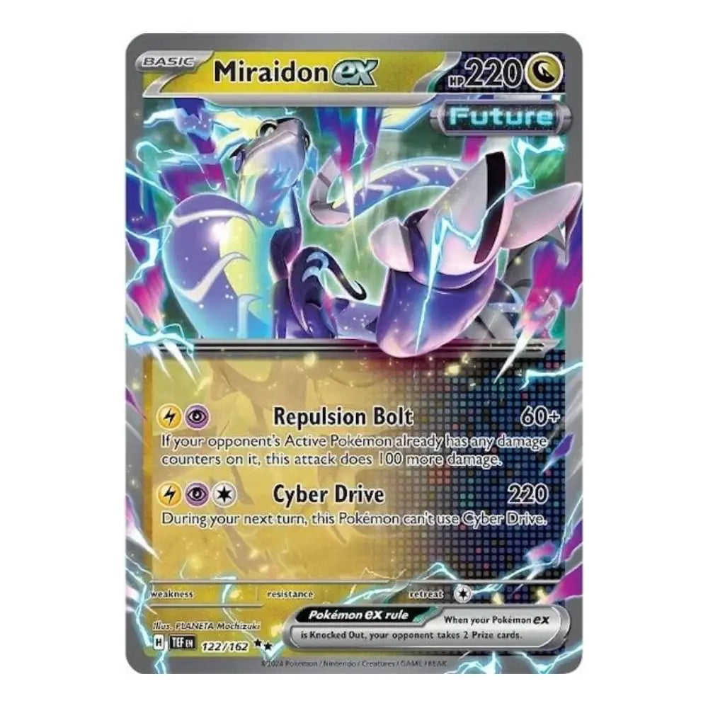 A single Pokémon trading card for Miraidon EX from the Future expansion, featuring artwork of Miraidon with purple and blue electric effects, a gold text box, and a gray card border on a plain light background.
