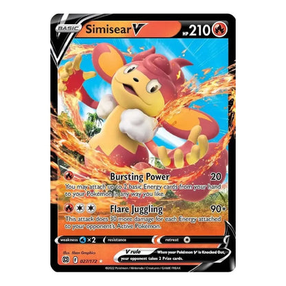 A single Pokémon trading card for Simisear V from the Basic set, featuring a fiery red and yellow character on a black card border with orange flame effects.