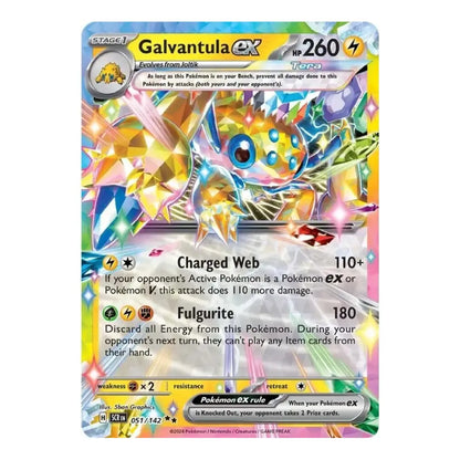 A single Pokémon trading card for Galvantula EX from the Eevee expansion, featuring a colorful holographic illustration of the Pokémon with text and game icons on a white card background.