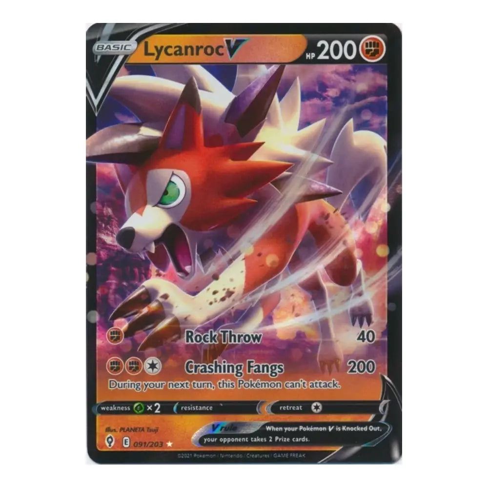 A single Pokémon trading card featuring Lycanroc V, shown against a plain white background. The card has a black border, orange header, and colorful artwork of the fox-like Pokémon in red, orange, purple, and white tones.