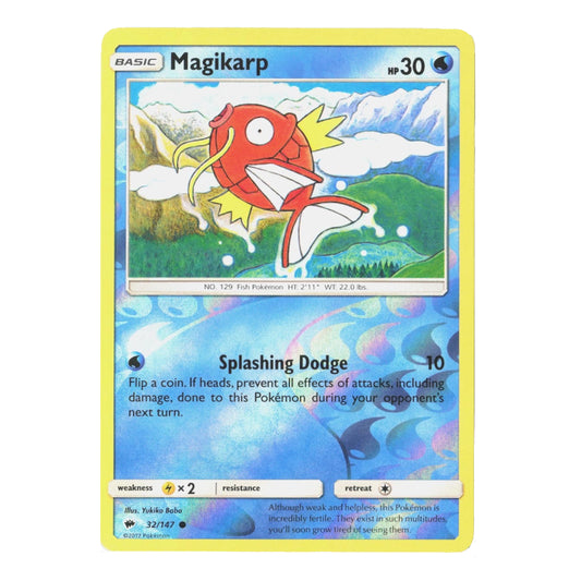 A holographic Pokémon trading card of Magikarp from the Basic set, featuring a red and white Magikarp illustration with blue water and green hills in the artwork.