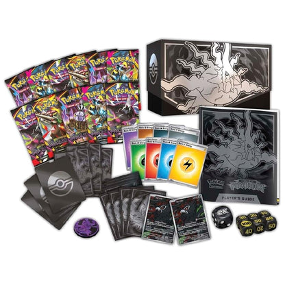 Pokémon TCG booster pack set and accessory kit displayed on a white background, including multiple booster packs, a black display box with a silver dragon illustration, a player's guide, cards, sleeves, dice, and a coin.