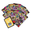 A fan arrangement of Pokémon Trading Card Game booster packs with a yellow Pikachu-themed card sleeve in front, photographed on a plain white background.