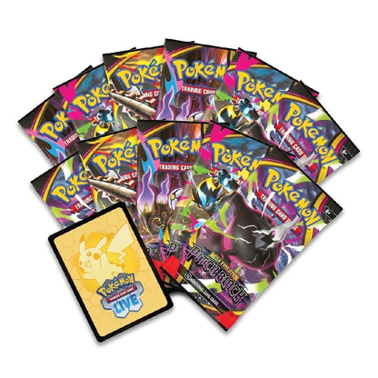 A fan arrangement of Pokémon Trading Card Game booster packs with a yellow Pikachu-themed card sleeve in front, photographed on a plain white background.