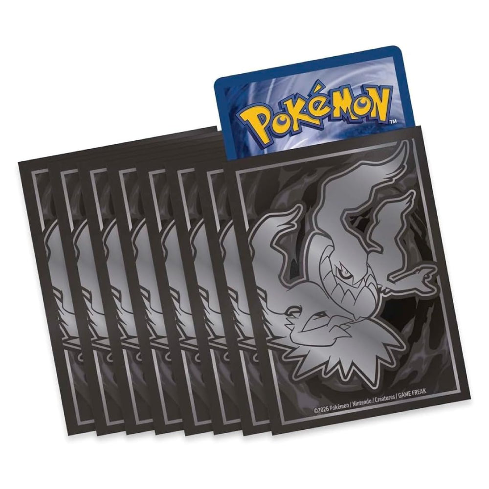 A set of Pokémon card sleeves or card backs in a dark metallic gray/black finish, with one sleeve standing upright in front showing a large silver-gray dragon illustration and the blue Pokémon logo at the top.