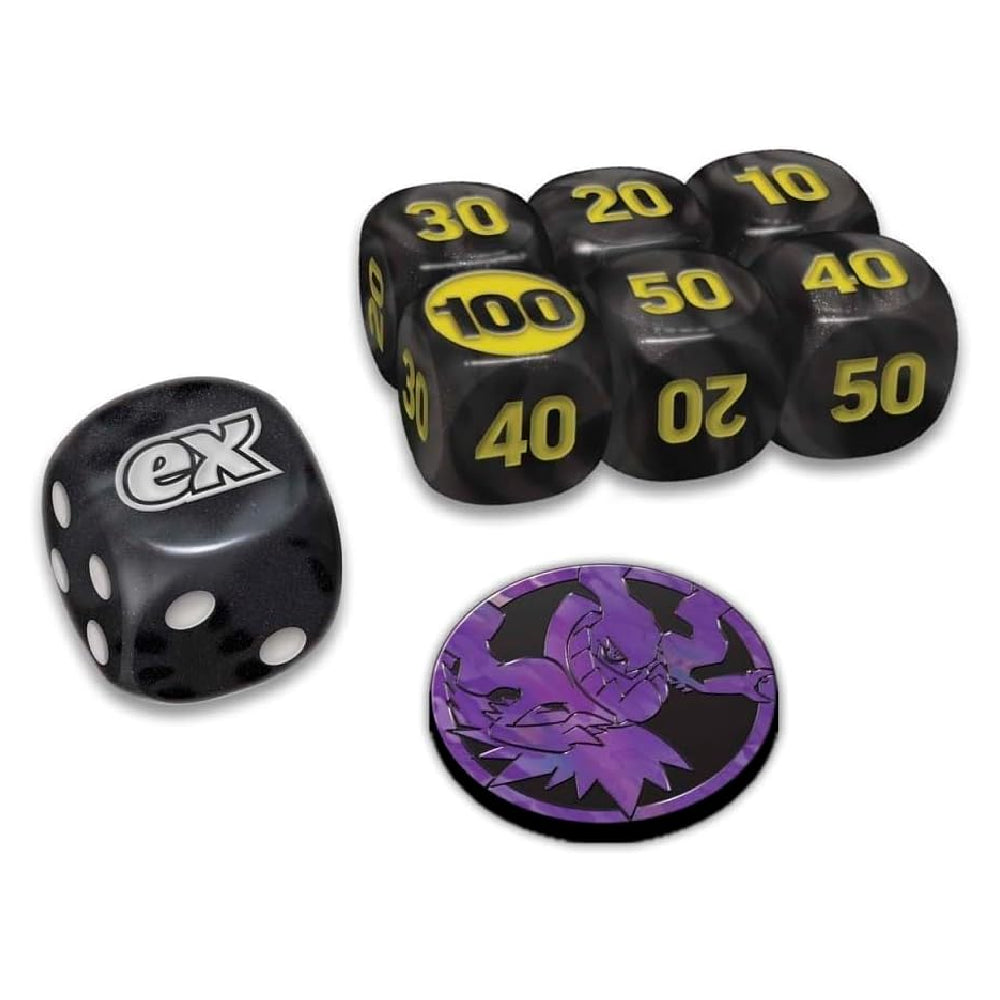 Black polyhedral gaming dice with yellow numbering and a purple circular token featuring a stylized character, shown on a white background.