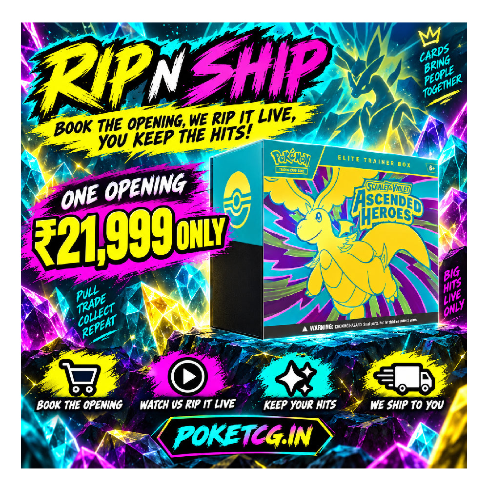 Promotional graphic for a Pokémon trading card opening with a boxed 'Pokémon Ascended Heroes Elite Trainer Box' shown on a neon, multicolored abstract background. Large text advertises a “Rip'n Ship” opening and pricing, with Pokémon branding and website Poketcg.