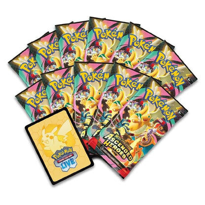 A fan arrangement of Pokémon TCG booster packs and a single card sleeve on a plain white background. The packs feature colorful artwork with Pikachu and the text 'Pokémon TCG Live' and 'Ascension Heroes'.