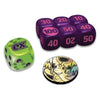 A set of gaming dice and a circular token featuring a cartoon dragon illustration. The set includes a green die with purple dots and the letters 'ex', a cluster of purple 10-sided dice, and a round token with a yellow and green dragon design.