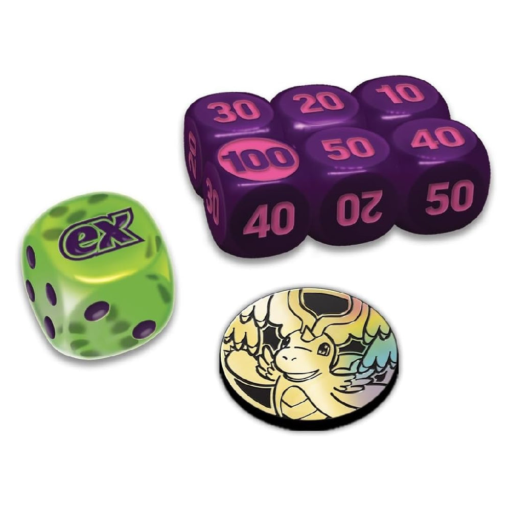A set of gaming dice and a circular token featuring a cartoon dragon illustration. The set includes a green die with purple dots and the letters 'ex', a cluster of purple 10-sided dice, and a round token with a yellow and green dragon design.