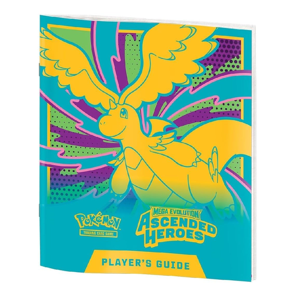 Pokémon MEGA Evolution Ascended Heroes Player's Guide book cover featuring a stylized yellow dragon character on a bright teal background with purple and green graphic accents.