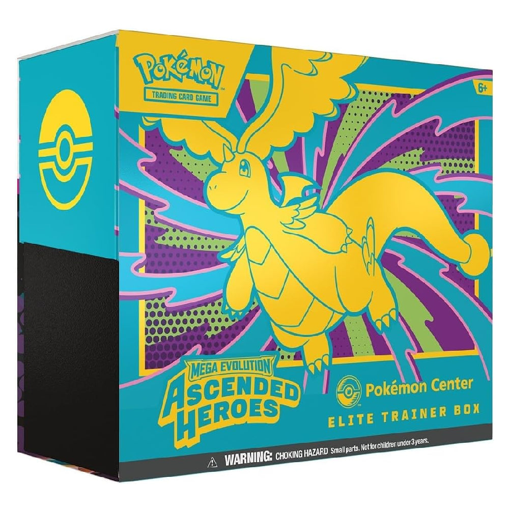 Pokémon Trading Card Game Mega Evolution Ascended Heroes Elite Trainer Box, featuring a vibrant yellow Charizard illustration on a bright teal and purple patterned box.