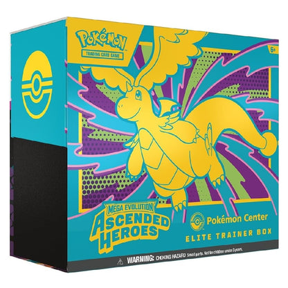 Pokémon Trading Card Game Mega Evolution Ascended Heroes Elite Trainer Box, featuring a vibrant yellow Charizard illustration on a bright teal and purple patterned box.