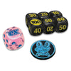 A set of gaming dice and a coin featuring the Ex Machina logo from the movie Alien. The set includes a pink die with blue dots and 'ex' in blue, a group of black polyhedral dice with yellow numbers, and a circular coin with a blue frog on a black background.