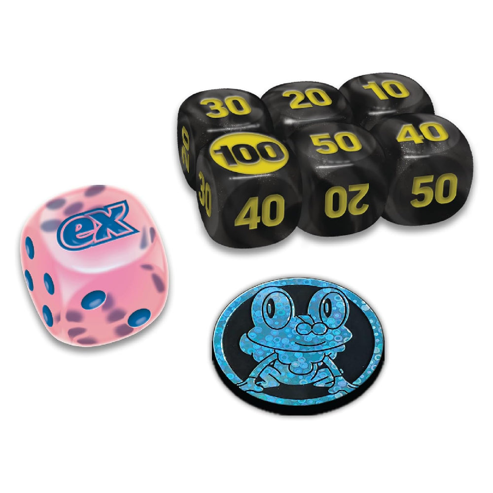 A set of gaming dice and a coin featuring the Ex Machina logo from the movie Alien. The set includes a pink die with blue dots and 'ex' in blue, a group of black polyhedral dice with yellow numbers, and a circular coin with a blue frog on a black background.