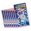 A set of Pokémon card sleeves fanned out, with the top sleeve displaying a blue and purple background and the yellow Pokémon logo. The sleeves have pink borders and feature a stylized blue creature illustration.