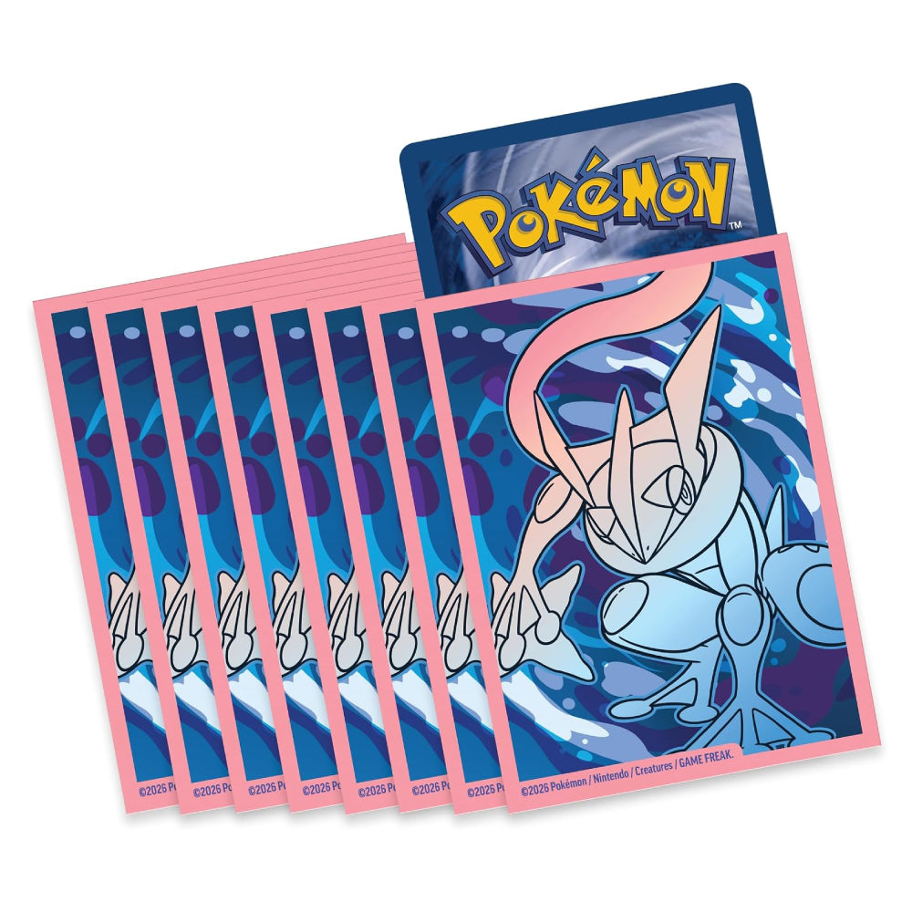 A set of Pokémon card sleeves fanned out, with the top sleeve displaying a blue and purple background and the yellow Pokémon logo. The sleeves have pink borders and feature a stylized blue creature illustration.