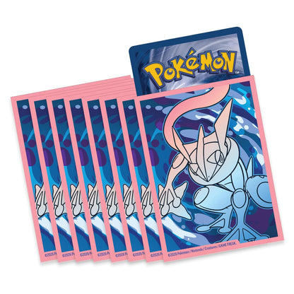 A set of Pokémon card sleeves fanned out, with the top sleeve displaying a blue and purple background and the yellow Pokémon logo. The sleeves have pink borders and feature a stylized blue creature illustration.