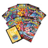 A fan arrangement of Pokémon Trading Card Game booster packs from the CY Chaos Rising expansion, with a yellow Pokémon Live deck box placed in front on a plain white background.