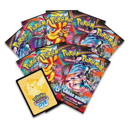 A fan arrangement of Pokémon Trading Card Game booster packs from the CY Chaos Rising expansion, with a yellow Pokémon Live deck box placed in front on a plain white background.