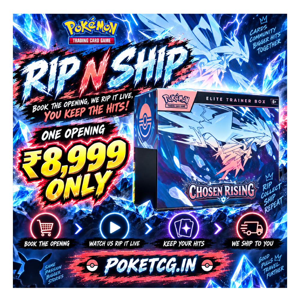 Promotional graphic for a Pokémon Trading Card Game 'Rip N Ship' service, featuring a black and gray 'Mega Evolving Skies - Pitchfork' Elite Trainer Box on the right, set against a vibrant purple and pink neon background with text offering a ₹999 opening fee.