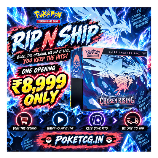 Promotional graphic for a Pokémon Trading Card Game 'Rip N Ship' service, featuring a black and gray 'Mega Evolving Skies - Pitchfork' Elite Trainer Box on the right, set against a vibrant purple and pink neon background with text offering a ₹999 opening fee.