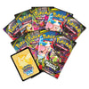 A fan arrangement of Pokémon Trading Card Game products on a white background, including multiple booster packs and a yellow card sleeve featuring Pikachu.