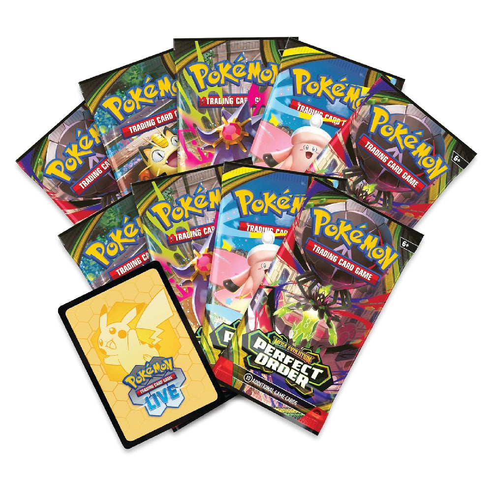 A fan arrangement of Pokémon Trading Card Game products on a white background, including multiple booster packs and a yellow card sleeve featuring Pikachu.