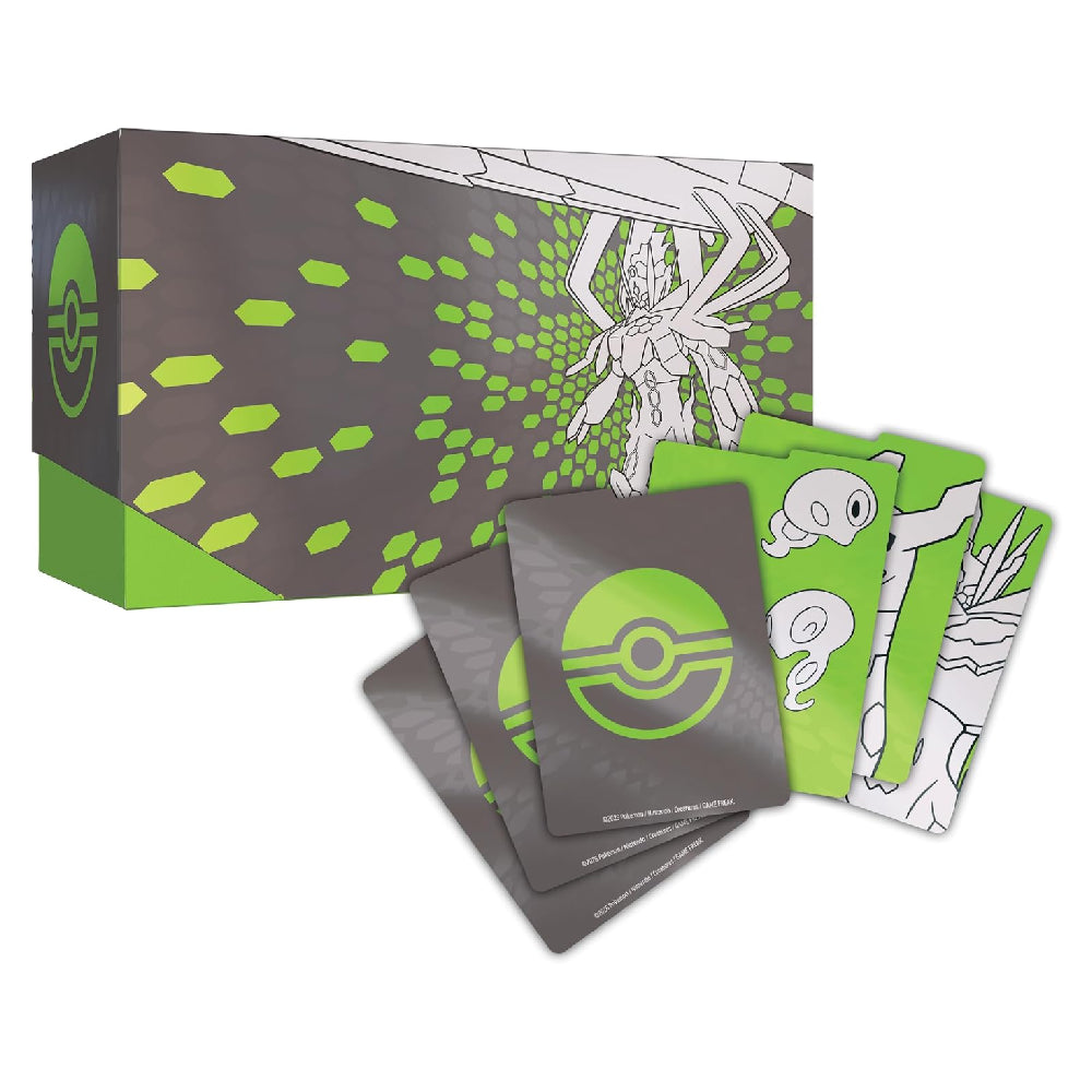 A Pokémon-themed card deck box with several cards fanned out in front. The box is dark gray with bright green accents and white line-art of a spider, while the cards are dark gray with a large green Pokémon-style logo and one card shows a green-and-white spider illustration.