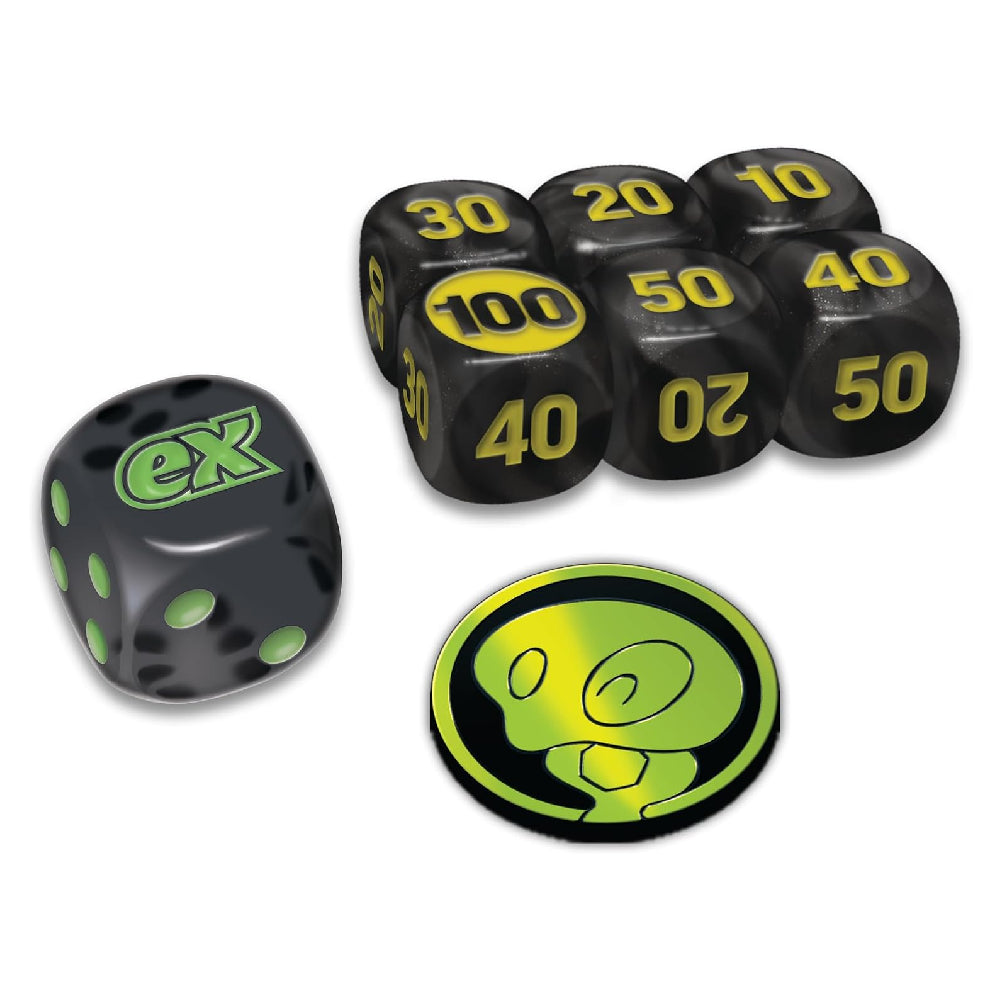 Black polyhedral gaming dice with yellow numbering and green accents, including a d6 showing 'ex' and a circular sticker featuring a green alien face on a black background.