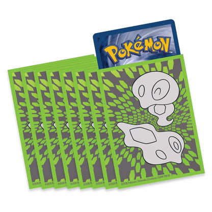 A set of Pokémon booster packs fanned out, with one pack standing upright at the top showing the blue Pokémon logo. The packs feature a bright green and dark gray patterned design with ghost illustrations.