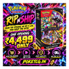 Promotional graphic for a Pokémon Trading Card Game booster bundle, showing the 'Rip'n Ship' Pitchfork Mega Evolution set box on the right, with large pricing and shipping offer text on the left against a neon multicolor background.