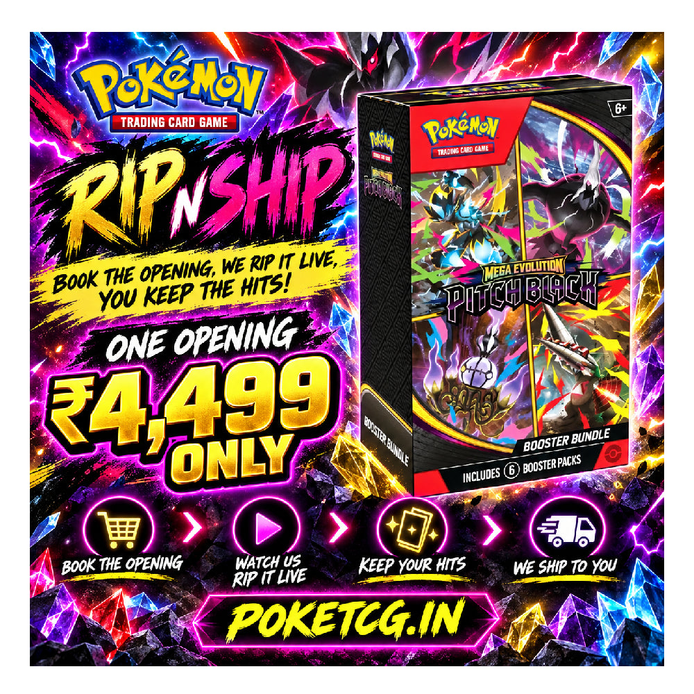 Promotional graphic for a Pokémon Trading Card Game booster bundle, showing the 'Rip'n Ship' Pitchfork Mega Evolution set box on the right, with large pricing and shipping offer text on the left against a neon multicolor background.