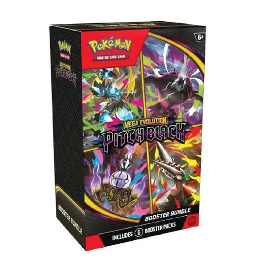 Pokémon Trading Card Game Mega Evolvement Pitchblack Booster Bundle box, featuring vibrant artwork of the Pitchblack character and other Pokémon on the front cover, set against a plain white background.