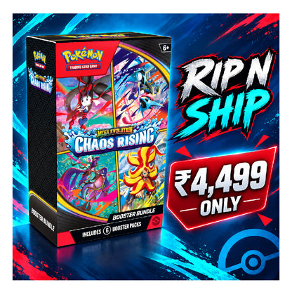 Pokémon TCG Chaos Rising Mega Evolution booster bundle box shown on a dynamic blue and red promotional background with large text reading 'RIP N SHIP' and '₥4,499 ONLY'.