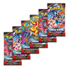 Six Pokémon Trading Card Game booster packs fanned out diagonally, featuring colorful artwork for the Scarlet & Violet Chaos Rising expansion.