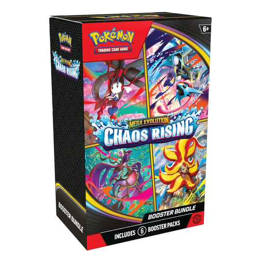 Pokémon Trading Card Game Chaos Rising Mega Evolution Booster Bundle box, featuring vibrant character artwork on a clean white background.