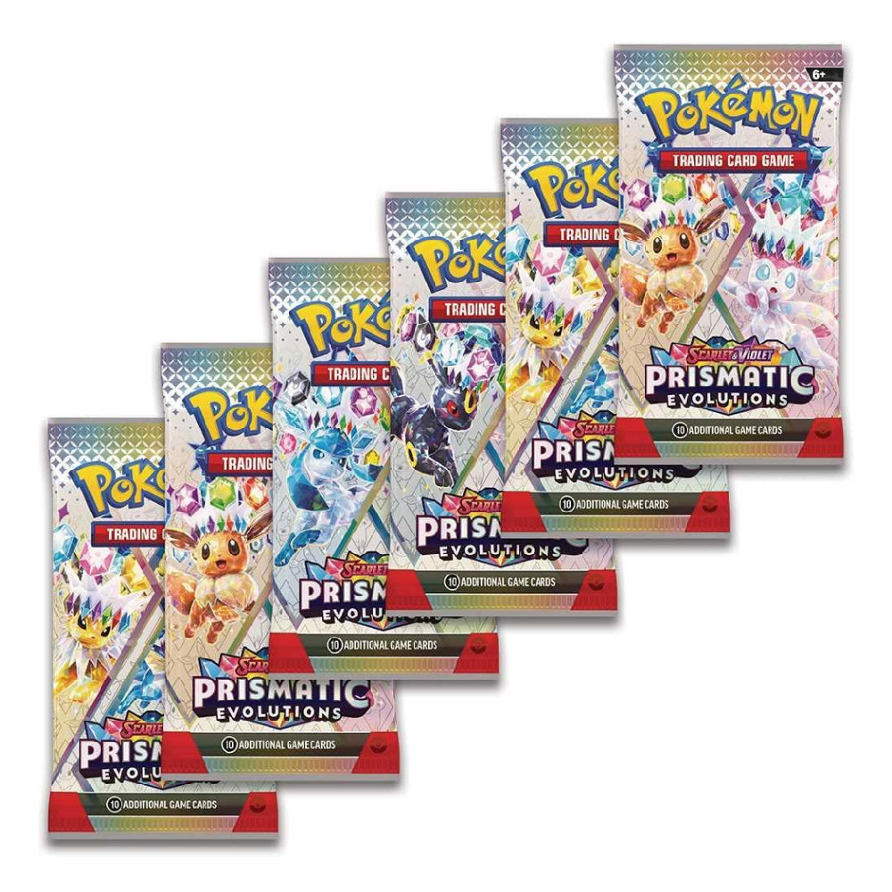Six Pokémon Trading Card Game booster packs arranged in a staggered fan layout on a plain white background. The packs feature colorful character art and branding for Prismatic Evolutions.